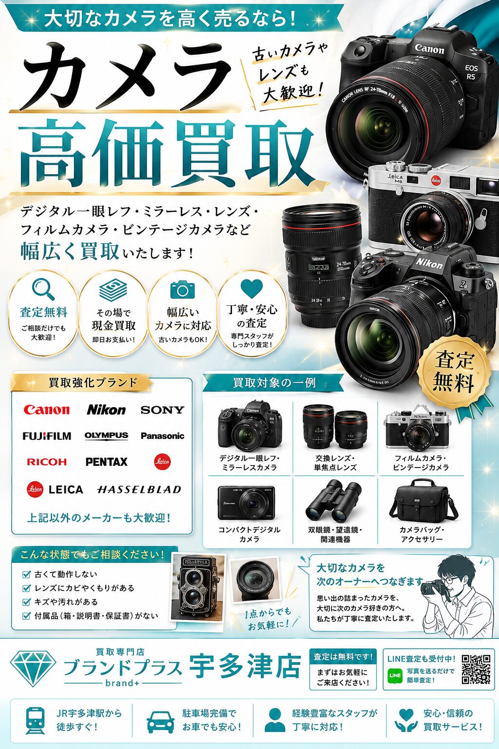 使わなくなったカメラまずはリアルタイム相場をチェック！ 【買取専門店ブランドプラス宇多津店】へ高価買取安心の買取専門店【公式】