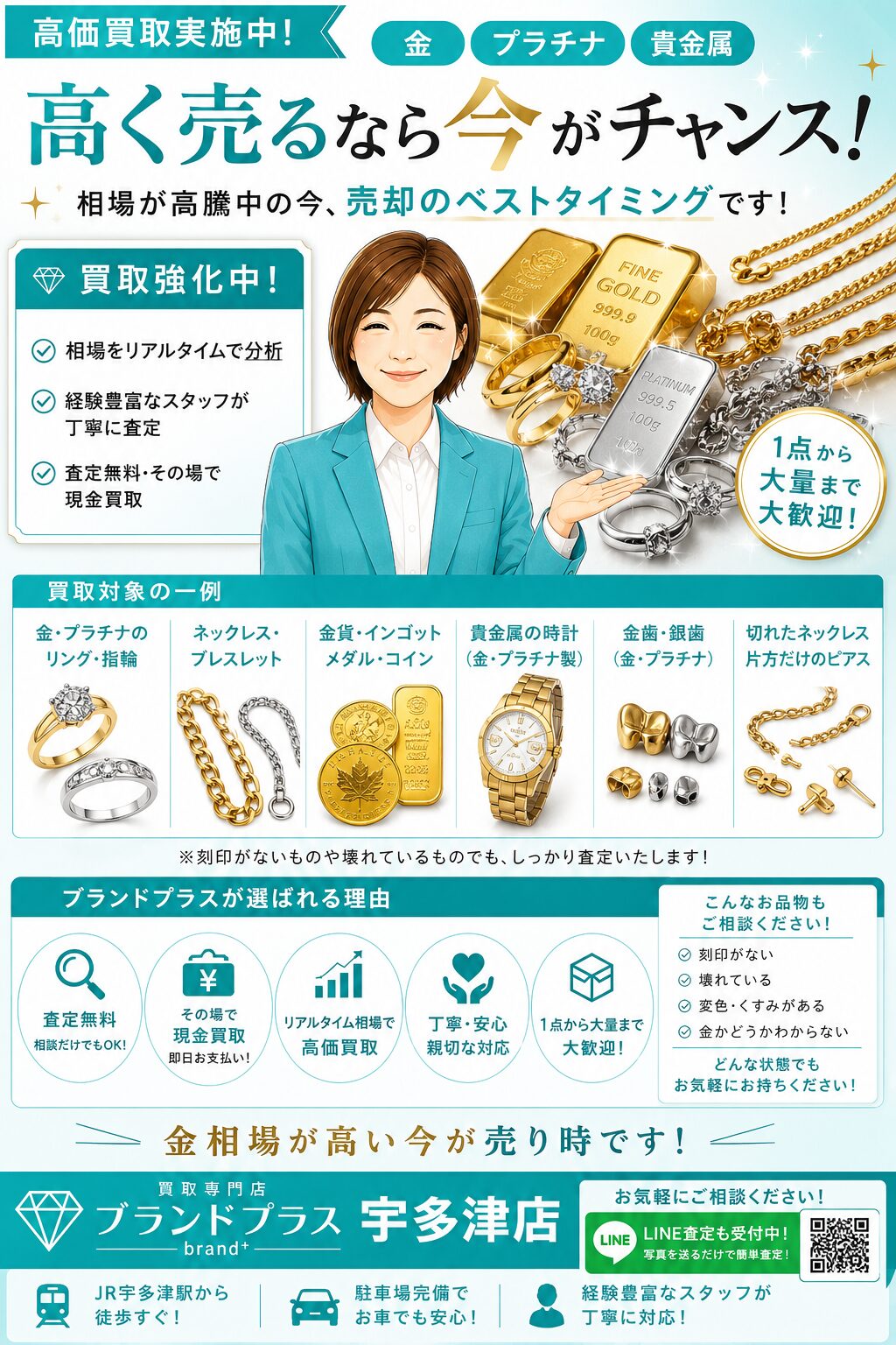 金相場が高い今が売り時！金・プラチナ・貴金属の高価買取ならブランドプラス宇多津店へ